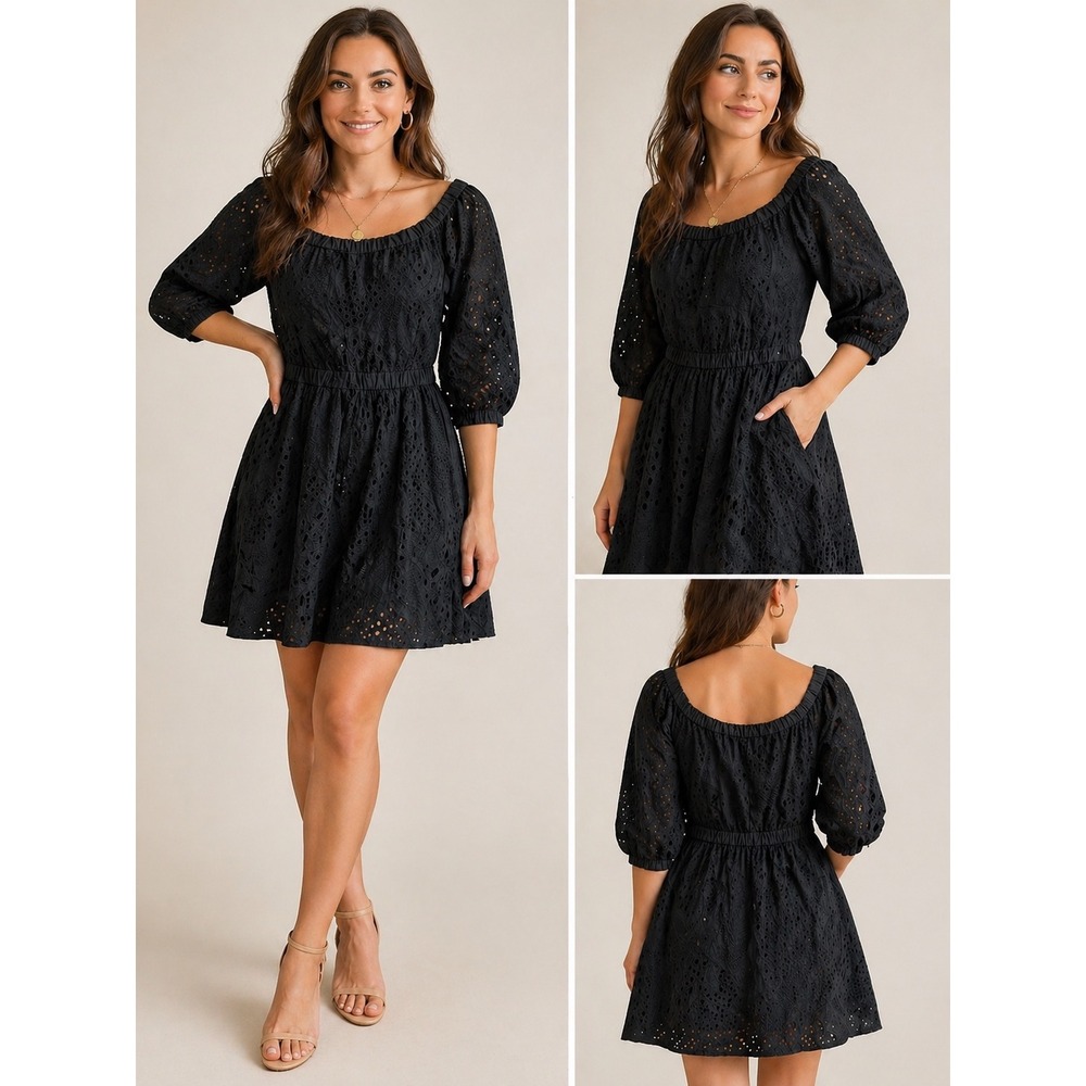 Milly Black Eyelet Cotton Mini Dress 3/4 Puff Sleeve Elastic Waist Pockets P